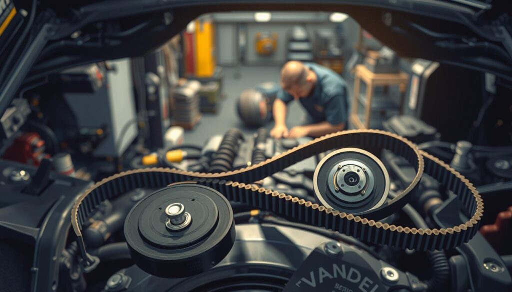 A detailed, cost-effective illustration of a Vandel timing belt change in Gävle. Show a well-lit, high-angle view of an automotive workshop, with the engine and surrounding components in focus. Render the Vandel timing belt kit prominently in the foreground, displaying its components with precise technical accuracy. In the middle ground, depict a mechanic working diligently on the engine, conveying the expertise and care required for this critical service. Establish a calm, professional atmosphere, emphasizing the importance of this maintenance for safe and reliable driving.