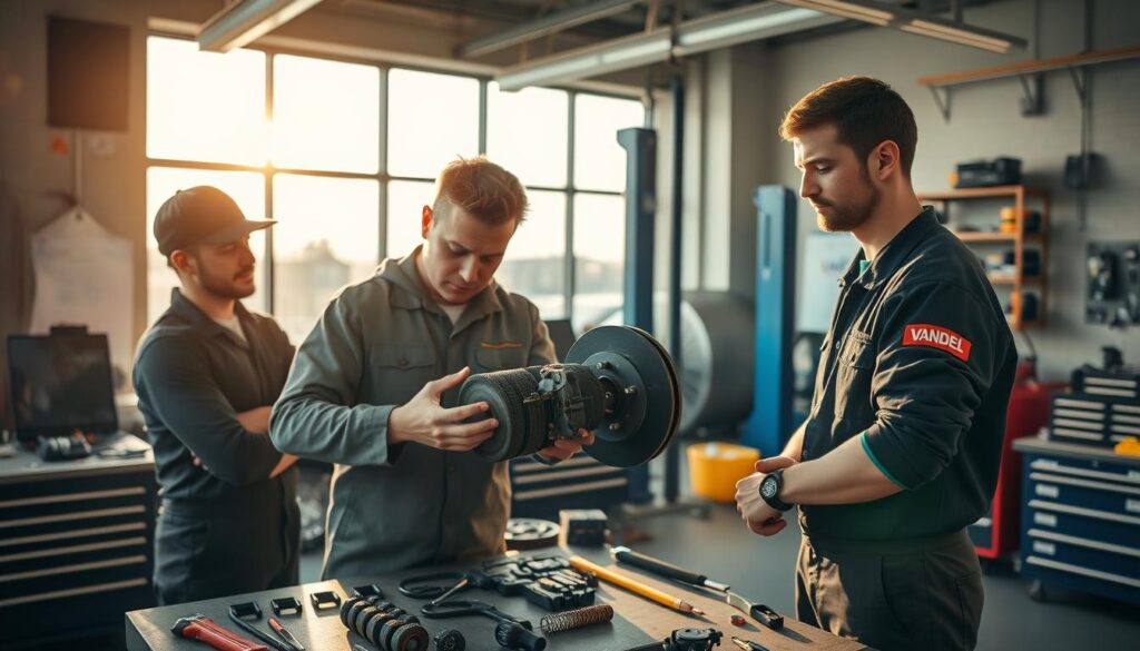 A professional automotive workshop with a warm, knowledgeable atmosphere. In the foreground, two mechanics demonstrate the intricate process of brake pad replacement - one in casual DIY attire, the other in a Vandel uniform, showcasing the contrast between a self-service and a professional approach. The middle ground features a well-equipped workbench with an array of specialized tools, while the background depicts the Gävle cityscape through large windows, highlighting the local setting. Soft, directional lighting illuminates the scene, creating a sense of expertise and attention to detail. This image captures the essence of the "DIY vs. Professionellt Bromsbyte" section, inviting readers to book a service with Vandel for a reliable and secure brake job.