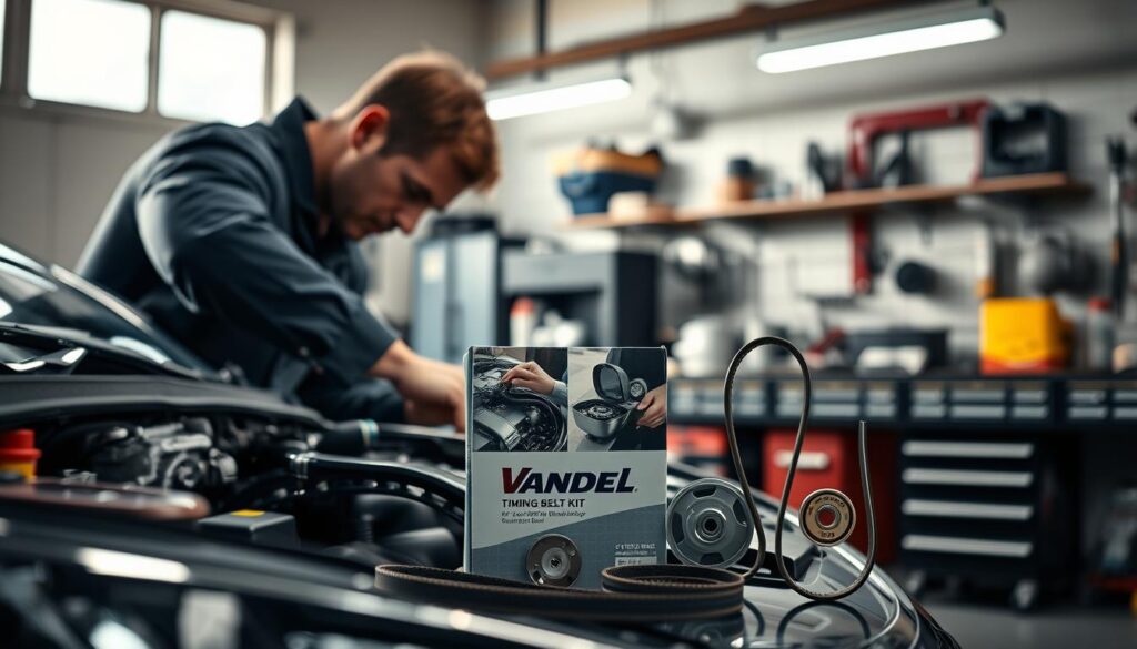 A serene automotive workshop, bathed in soft, natural lighting. In the foreground, a mechanic carefully inspects the inner workings of a car engine, focused on the task at hand. In the middle ground, a Vandel brand timing belt kit stands prominently, its components neatly arranged, signifying the high-quality parts needed for a reliable timing belt replacement. The background showcases the workshop's organized tools and equipment, conveying a sense of professionalism and attention to detail. The overall atmosphere exudes a reassuring confidence in the expertise and care that goes into ensuring a safe and worry-free driving experience.