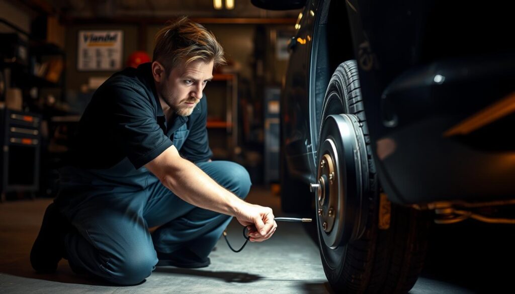 A technician kneeling beside a car, intently inspecting the brake system. The backdrop is a dimly lit, well-equipped Vandel auto repair shop in Gävle, with tools and equipment visible in the background. The warm, focused lighting casts shadows, emphasizing the urgency of the situation. The technician's expression conveys expertise and a determination to swiftly diagnose and resolve the brake issue. This image captures the essence of an acute brake service in Gävle, where Vandel's skilled professionals are ready to provide immediate assistance.