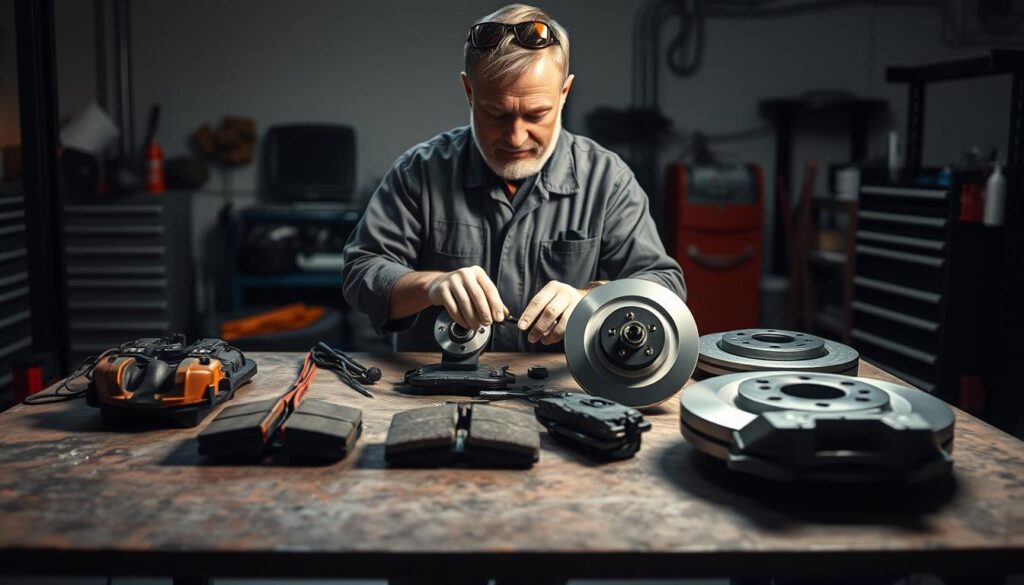 A well-lit auto repair workshop in Gävle, Sweden. On a sturdy workbench, a set of Vandel brake components lays neatly arranged - pads, discs, calipers. A seasoned mechanic, clad in a clean coverall, demonstrates proper brake maintenance techniques with focused precision. Soft shadows cast by directional lighting accentuate the intricate details. The atmosphere exudes a sense of expertise and safety, inviting viewers to learn effective, responsible "säkerhetstips bromsbyte" from this trusted local service.
